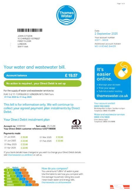 United Kingdom Thames Water utility bill template in PSD format, version 2